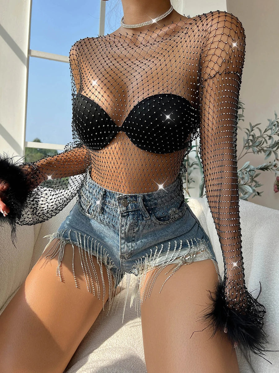 Women s Sparkling Sequin Embellished Blouse Sheer Mesh Crop Top with Cutout Details for Nightclub Partywear Cashmere Blend Cotton Blend Poly Blend