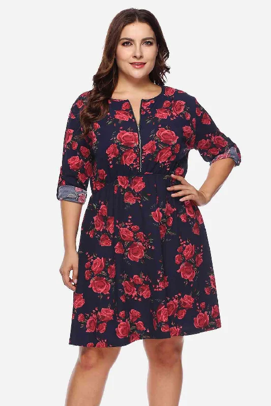 Plus Size Floral Print Half Zip Up Dress Tunics Seasonal trendy