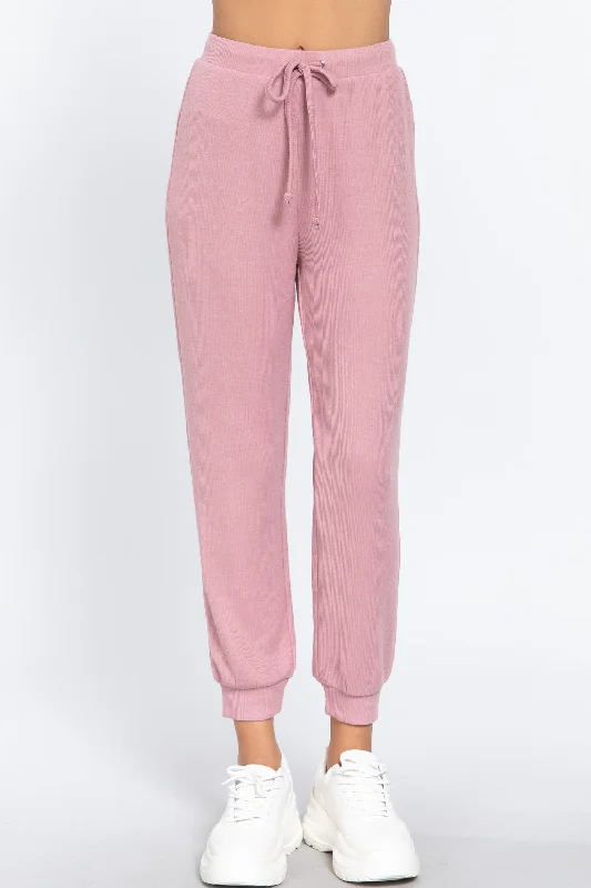 Waist String Detail Hacci Long Pants Casual Plaid Pants