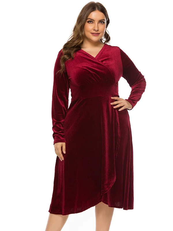KittenAlarm - Plus Size High-low Velvet Long Sleeve Party Dress Tunics Running lightweight