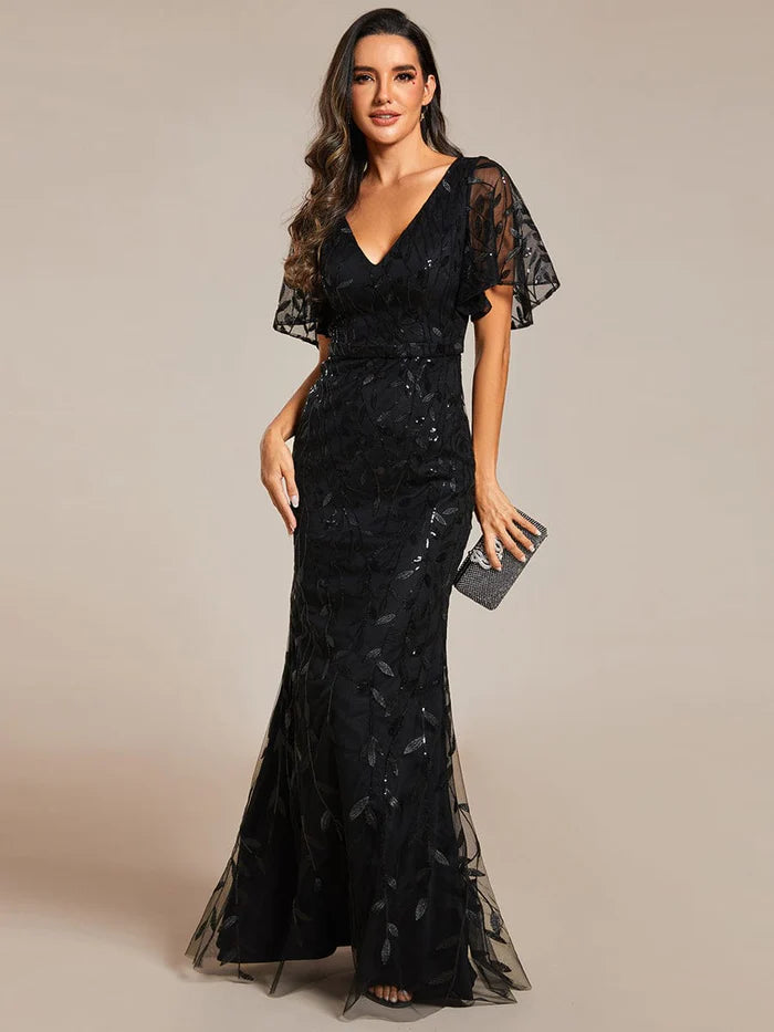 Gorgeous V Neck Leaf-Sequined Fishtail Party Dress Tunics Vintage classic