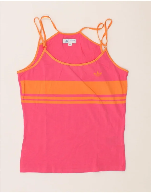 ADIDAS Womens Slim Crop Top EU 46 Large Pink Striped Cotton Print Jacquard Patchwork
