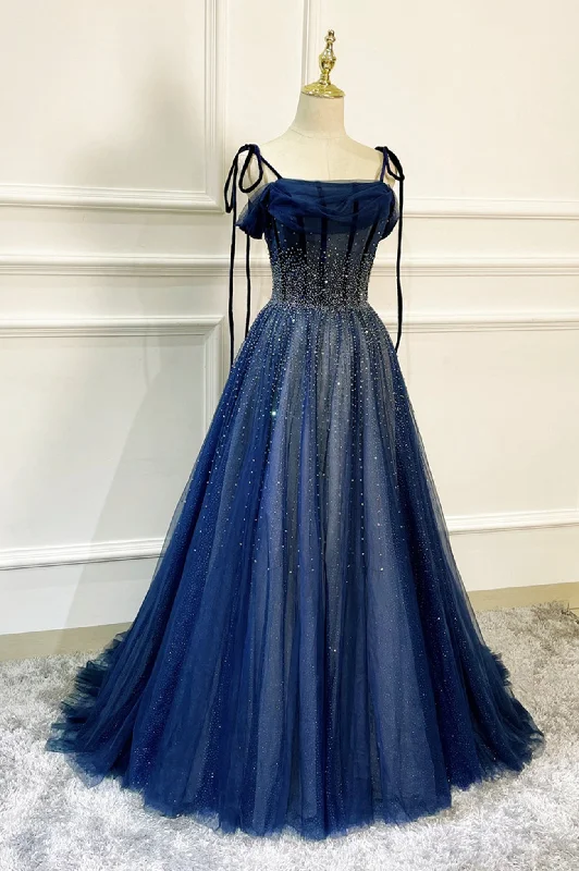 Blue Long Tulle Beaded Prom Dress, Blue Evening Party Dress Tunics New arrival