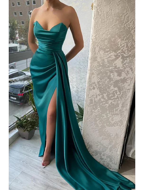 Mermaid Party Dress Evening Gown Sexy Dress Wedding Wedding Reception Court Train Sleeveless Strapless Satin with Ruched Slit Tunics Sophisticated sleek