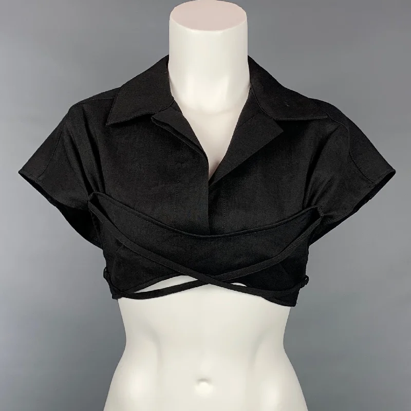 JACQUEMUS L'Amour Size 4 Black Hemp Blend Short Seeve Crop Top Zippered Front Buttoned Front Snap Front