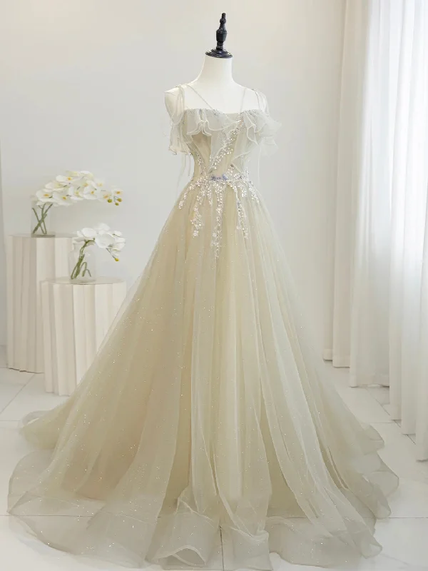 Cute Tulle Sequins Floor Length Prom Dress, Beautiful Spaghetti Strap Evening Party Dress Tunics Evening elegant