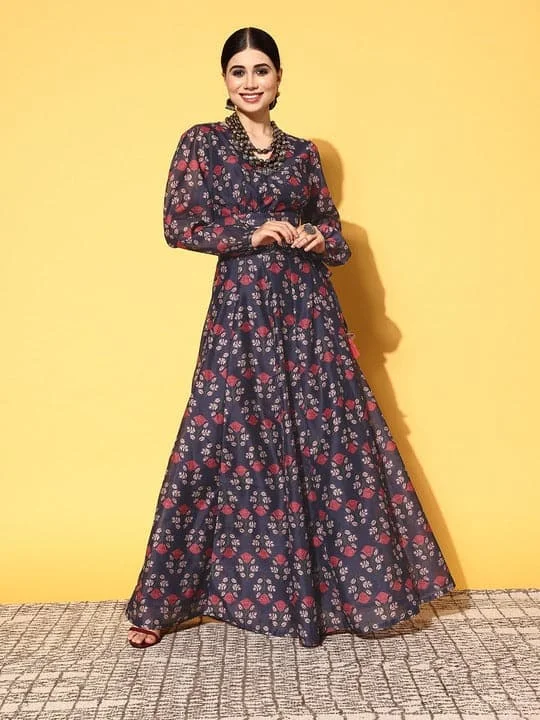 Women Navy Floral Wrap Crop Top With Aanrakali Skirt Elegant Classic Vintage