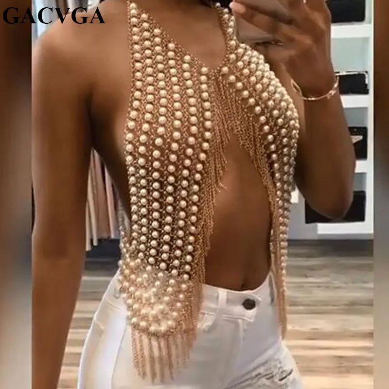 GACVGA Pure hand stitching Pearl metal Tassel Crop Top Terry Blend Velvet Blend Canvas Blend
