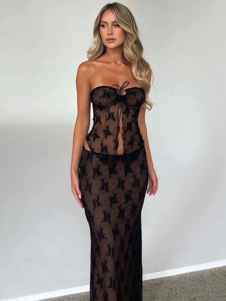 Mozision Lace Print Sexy Dress Set Women Strapless Crop Top And Long Skirt Machine Wash Dry Clean Hand Wash