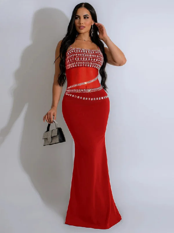 Red Christmas Party Dress with Elegant Mesh See Through Rhinestones Strap Satin Halter Glamorous