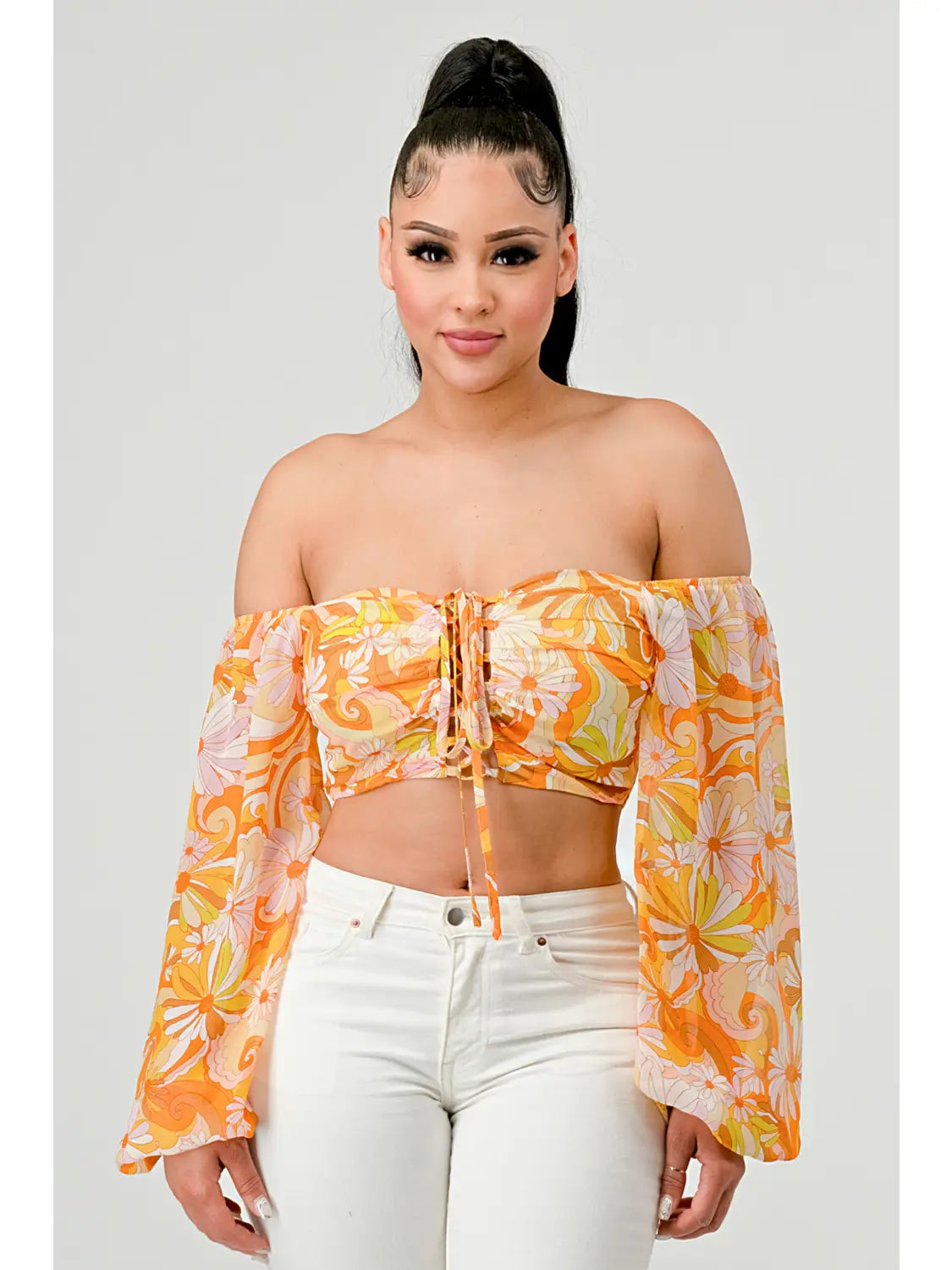 Floral Marble Print Smocked Off Shoulder Crop Top - Yellow Sequined Glittery Shiny