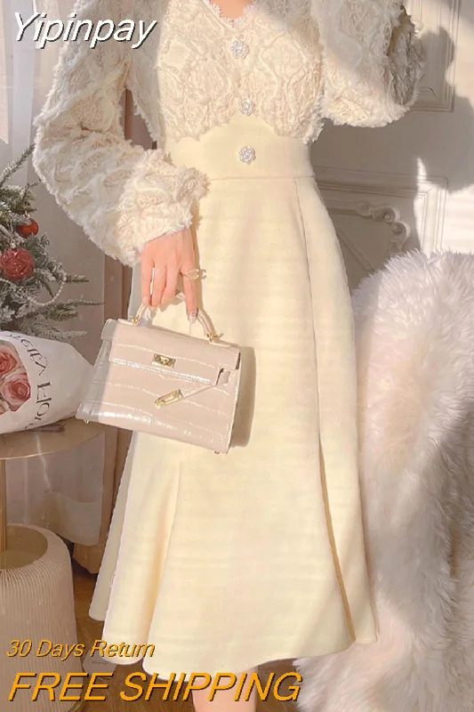 Yipinpay Long White Dress Women French Vintage V-neck Lace Slim Y2K Dress Spring Korean One Piece Casual Evening Party Dress 2023 Tunics Corduroy durable