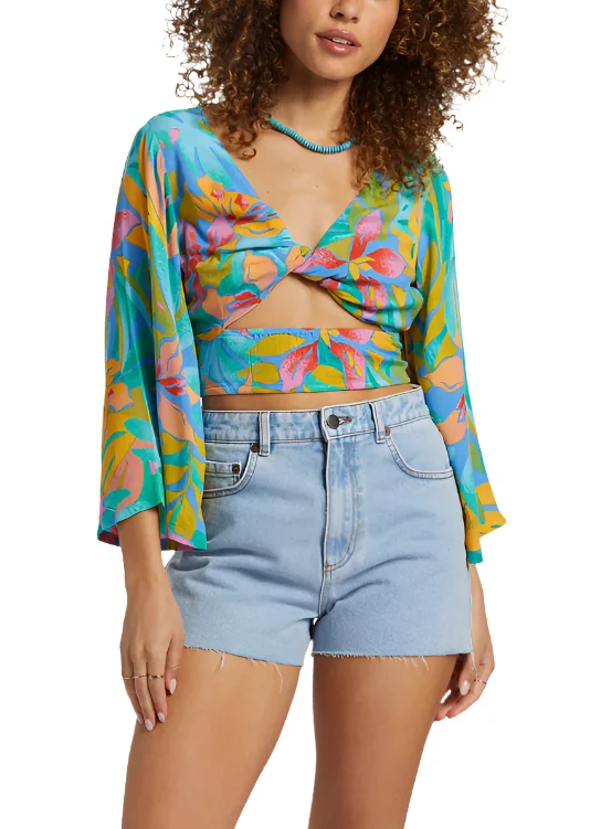 Billabong Womens Summer Heat Bell Sleeve Crop Top Ribbed Crop Top High Neck Heavyweight