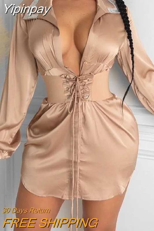 Yipinpay Women Studded Button Front Long Sleeve Satin Shirt Dress Party Dress  Sexy Dress for Women 920 Tunics Chinos classic