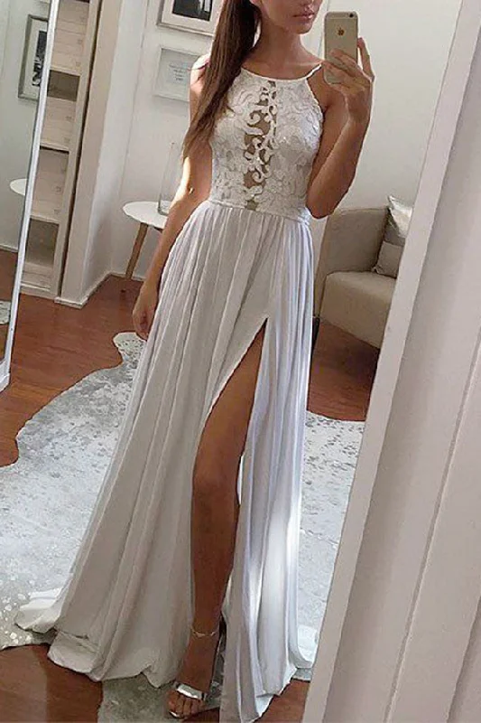 Simple Chiffon Lace Halter Prom Dresses with Split Side Long Party Dresses Tunics Vintage classic