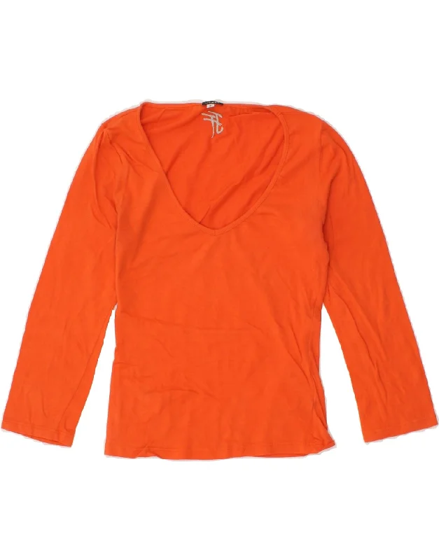 FERRE Womens Crop Top 3/4 Sleeve UK 8 Small Orange Cotton Welt Pockets Slit Pockets Flap Pockets
