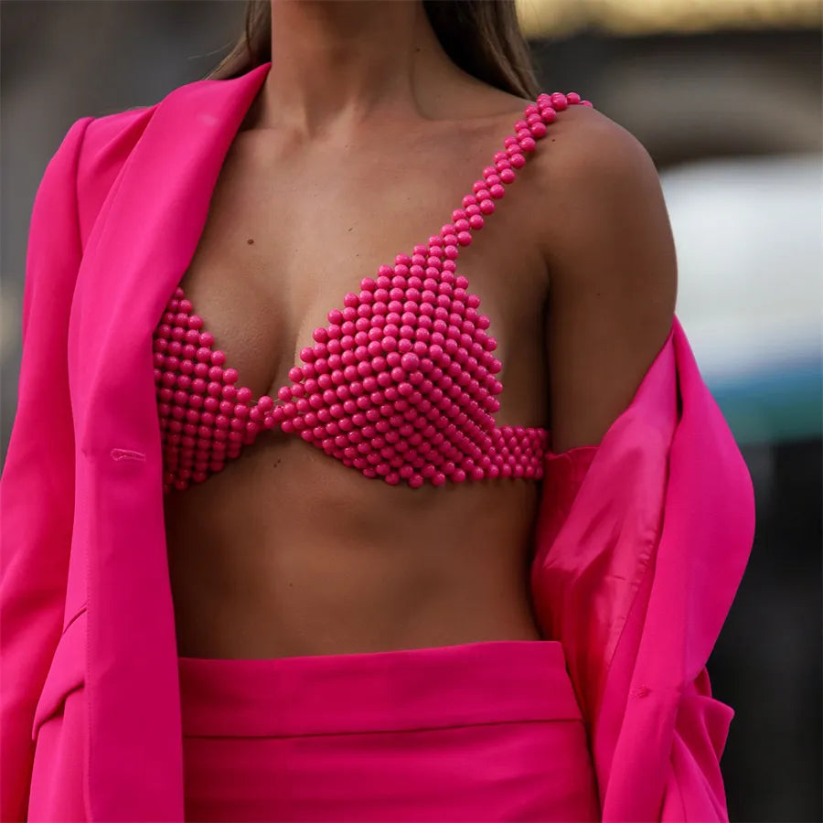 Handmade Pearl Beaded Bra Top for Women Pearl Straps Elegant Crop Top for Parties Streetwear Summer Beach Body Cover Chenille Blend Fleece Blend Nylon Blend