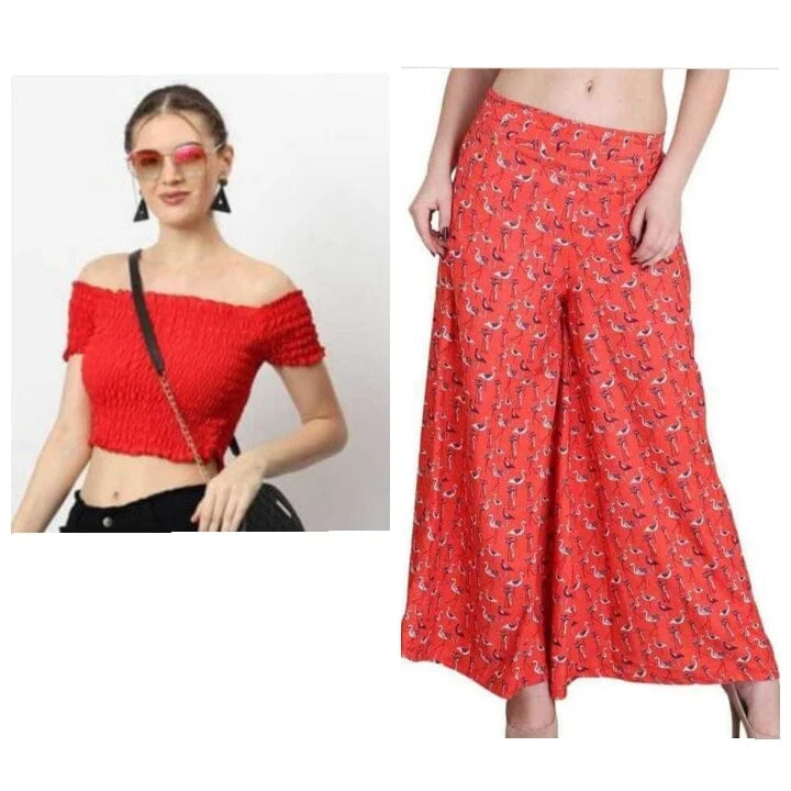 Palazzo & Crop Top Red Colour Crepe Palazzo with inner lined & Tube Smoking Top Mesh Blend Leather Blend Suede Blend