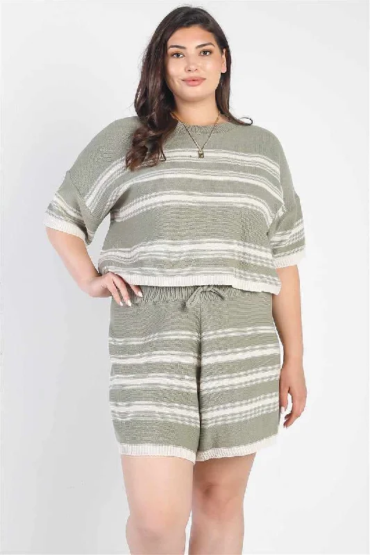 Plus Size Olive Short Sleeve Matching Crop Top High Waist Shorts Set Fashionable Trendy Casual
