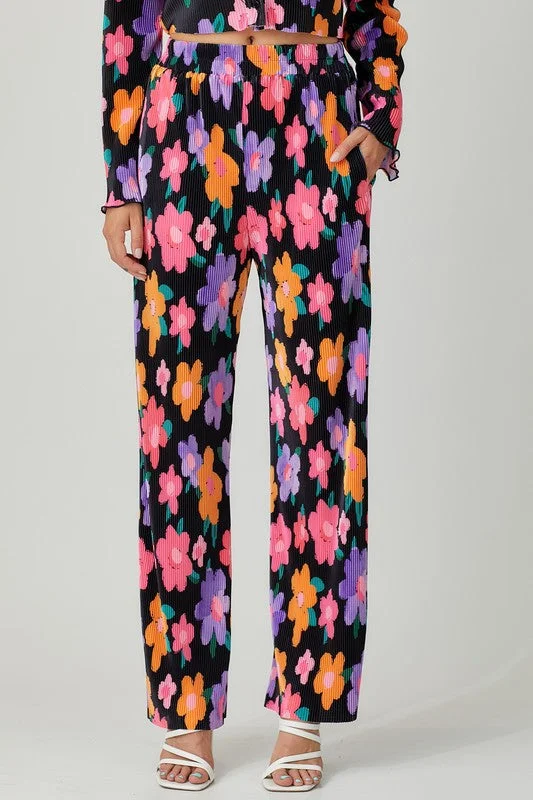 Amy Floral Print Plisse Pants Classic Stretch Pants