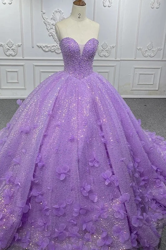 Sparkly Beading Appliques Evening Party Dress Strapless Sweetheart Ball Gown Pleated Skirt Elegant