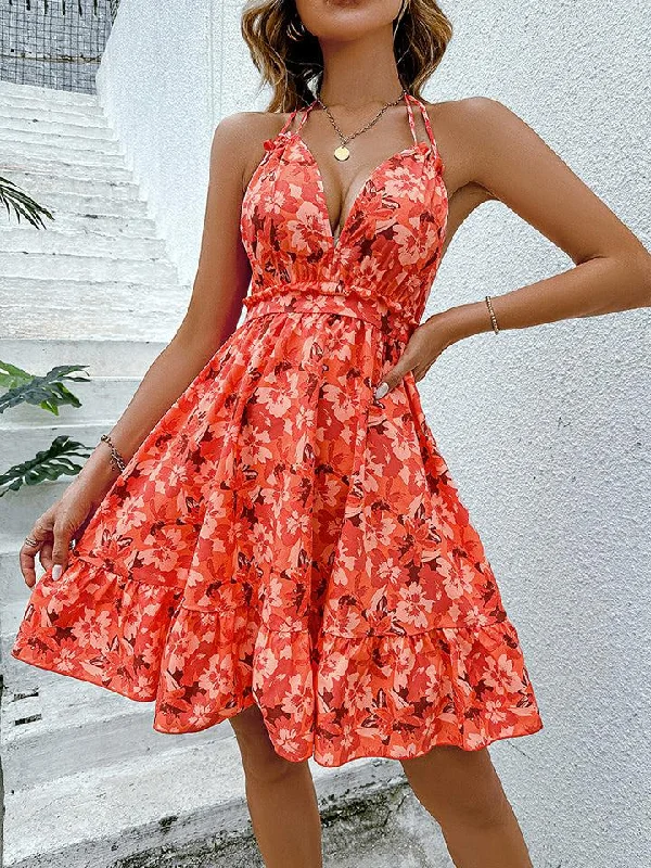 Floral Halter Neck Backless Dress Tunics Fashionable chic