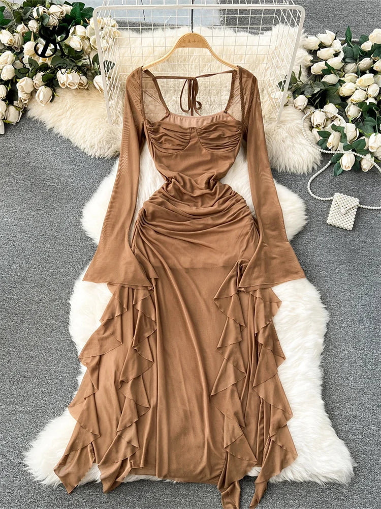 Yipinpay 2024 Summer Mesh Split Sexy Dress Ladies Squre Neck Sheer Long Sleeves Transparent Ruched Slim Long Party Dress Tunics Party sparkling