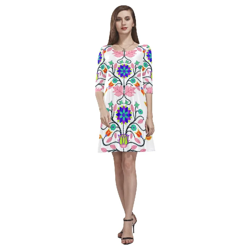 Floral Beadwork Four Clans White Tethys Half-Sleeve Skater Dress Pencil Office Professional