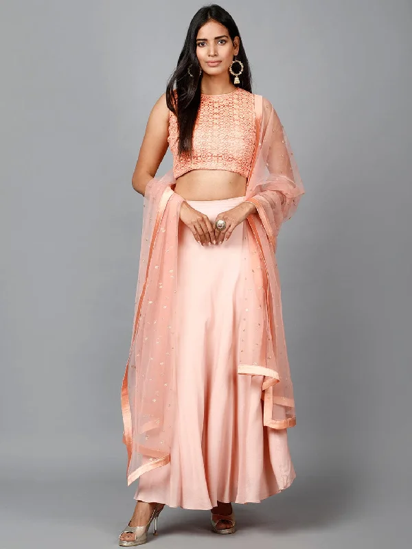 Peach Cotton Lace Crop top, Moss crepe Flare Skirt and Embroidered Net Dupatta Anti-Pilling Machine Wash Handmade
