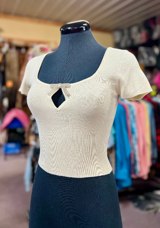 Beige Bow Ribbed Crop Top Summer Crop Top Casual Short Sleeve