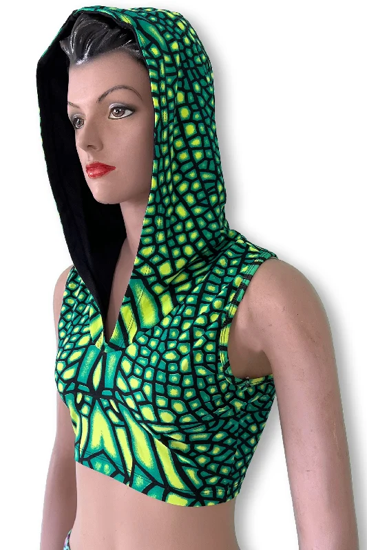 Hooded Crop Top : Jungle Dragonfly Zippered Front Buttoned Front Snap Front