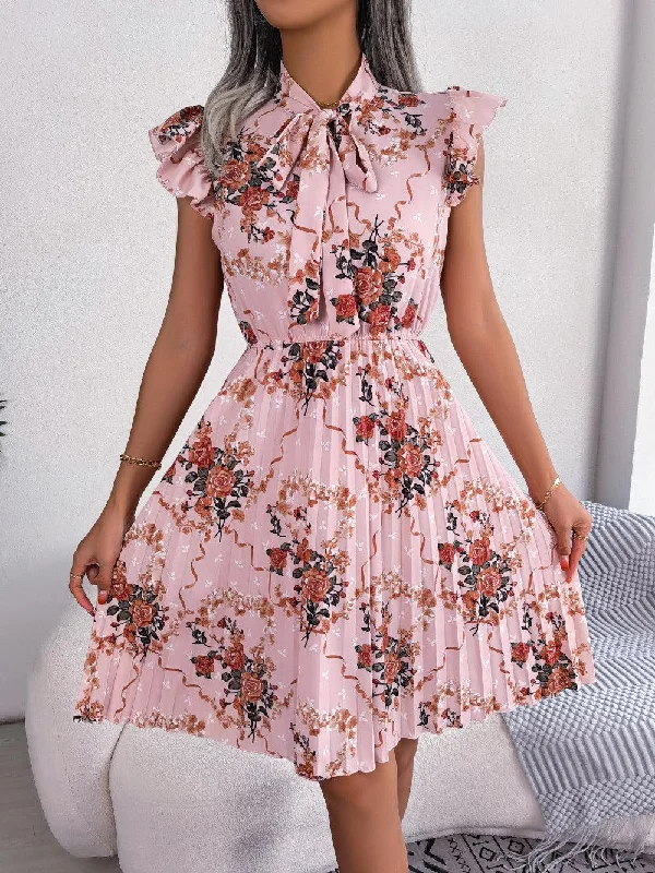 Pleated Floral Printed Tie Neck Knee Length Dress Tunics Trendy modern