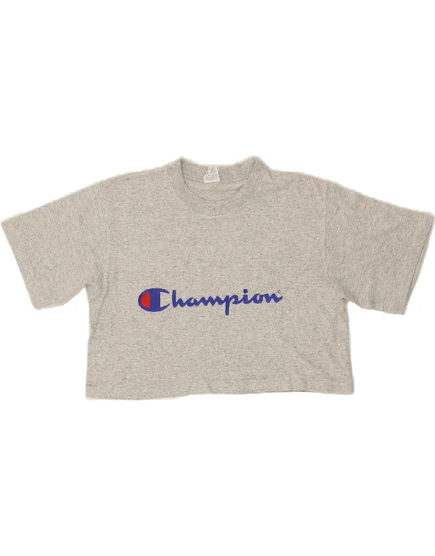 CHAMPION Womens Graphic Crop Top UK 10 Small Grey Cotton Elegant Classic Vintage