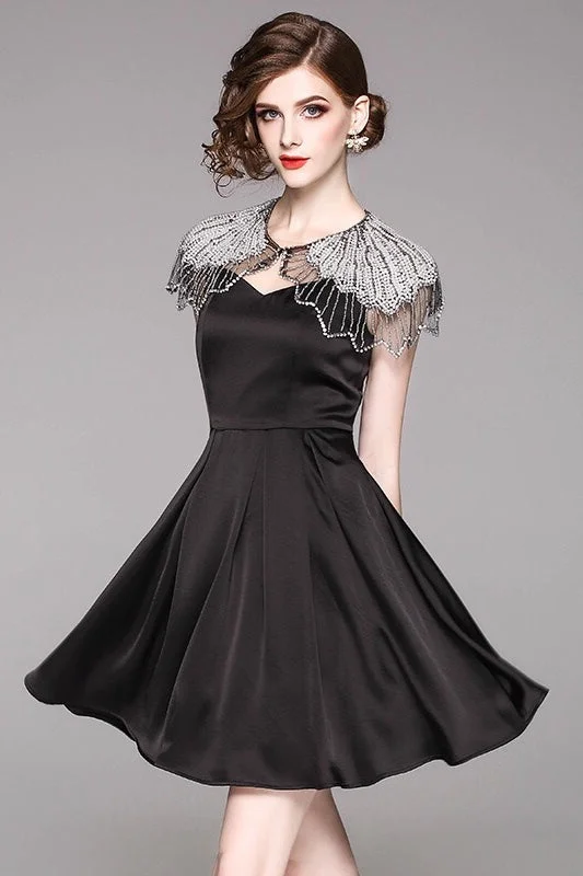Black Party Dress W/ Beaded Cape Cowl Neckline Elegant