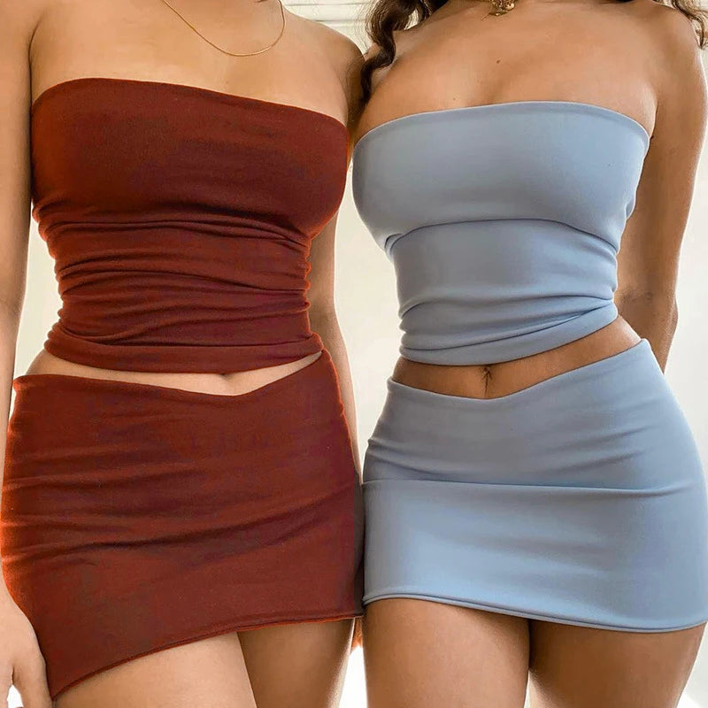 Sexy Slim Backless Tube Tops Solid Sleeveless Off Shoulder Summer Women Crop Tops Mini Skirt Suit Mesh Fabric Canvas Fabric Denim Fabric
