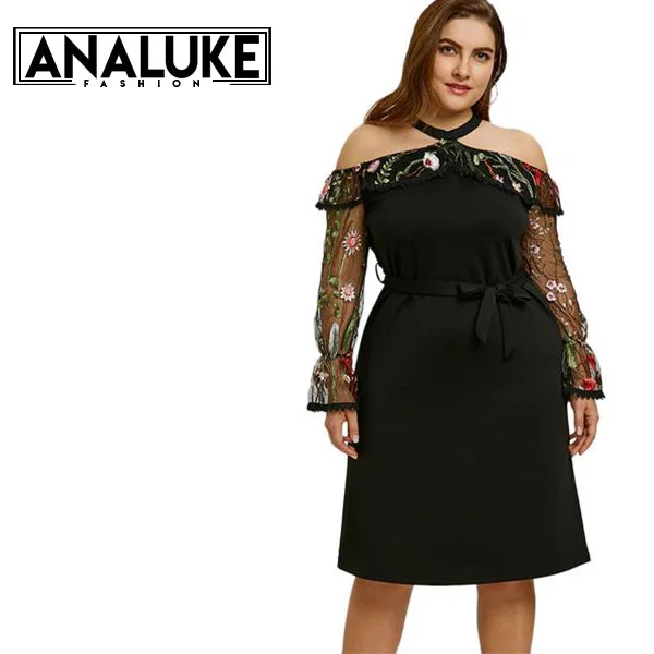 Mesh Panel Embroidery Party Dress Tunics Top Casual