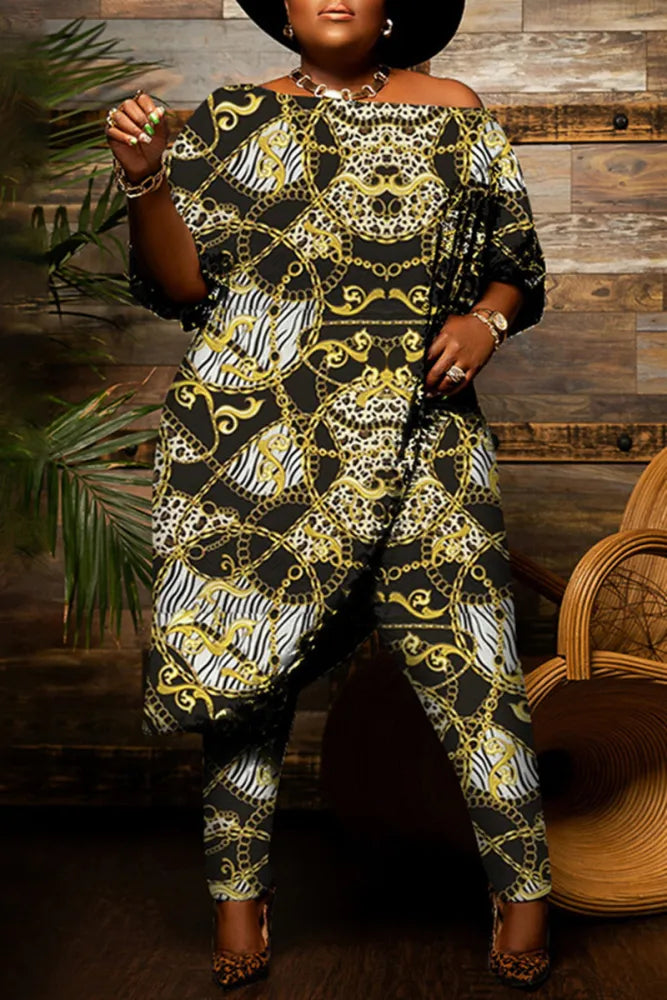 Beautiful Plus Italian Print 2pc Tunic Top & Pant Set Comfortable Denim Leggings