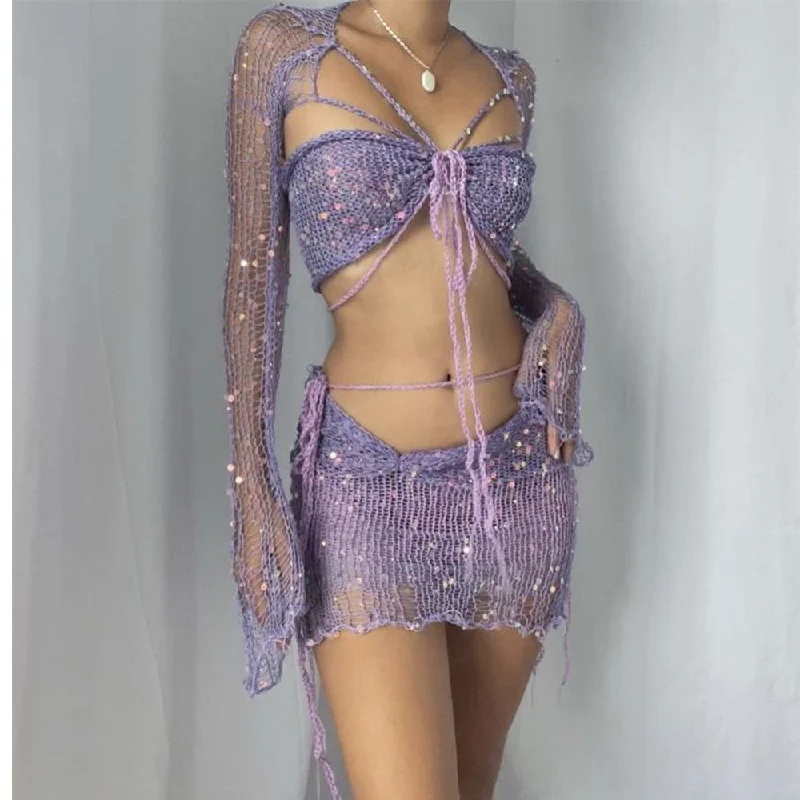 Ashore Shop Crochet Knitted Dress Two Piece Skirt Sets 2023 Summer Women Clothes Sexy Crop Tops Elegant Knit Sequin Dress 2 Piece Set Outfit Solid Color Striped Floral