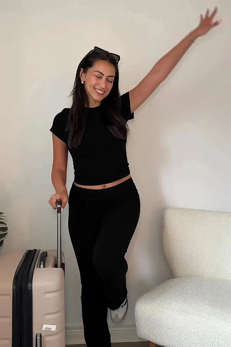 Women 2 Piece Lounge Sets Fold Over Short Sleeve Crop Top And Low Rise Flare Leggings Yoga Pants Set Tracksuit Machine Wash Dry Clean Hand Wash