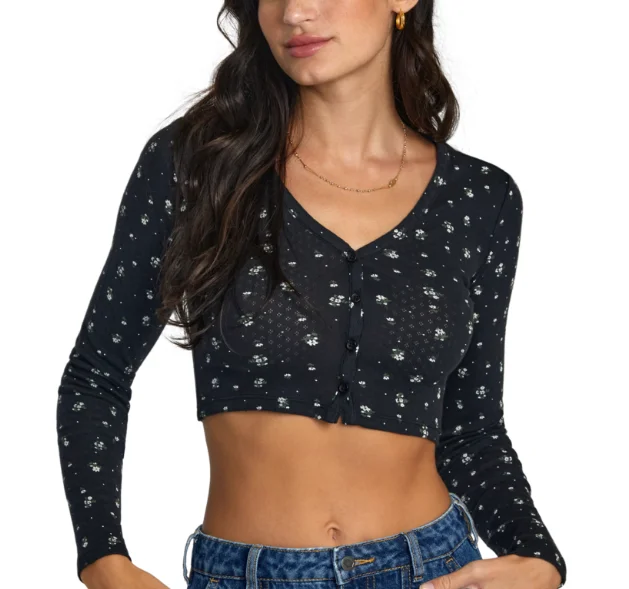 RVCA Womens Homecoming Pointelle Long Sleeve Crop Top Seamless Knitted Crochet