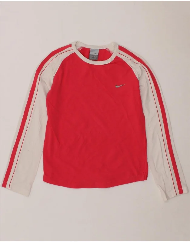 NIKE Womens Crop Top Long Sleeve UK 8/10 Small Red Colourblock Chenille Brocade Lace