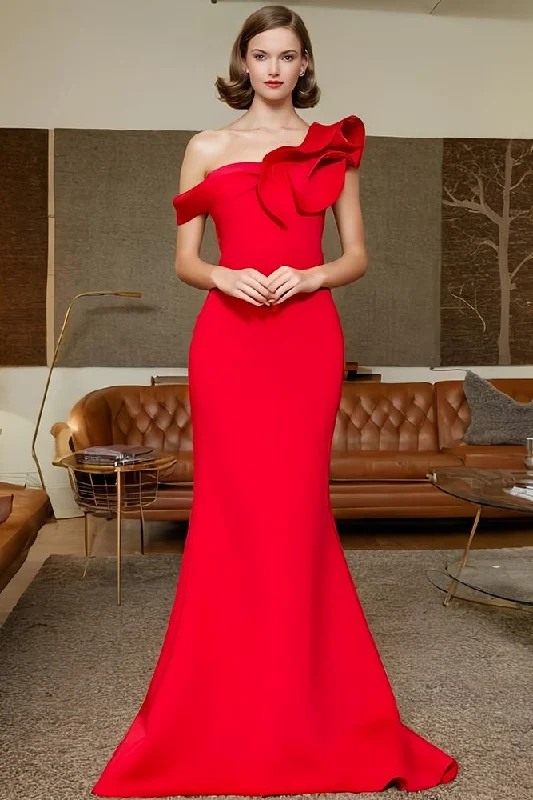 One Shoulder Sleeveless Prom Dress Red Mermaid Long Party Dress Square Neckline Feminine