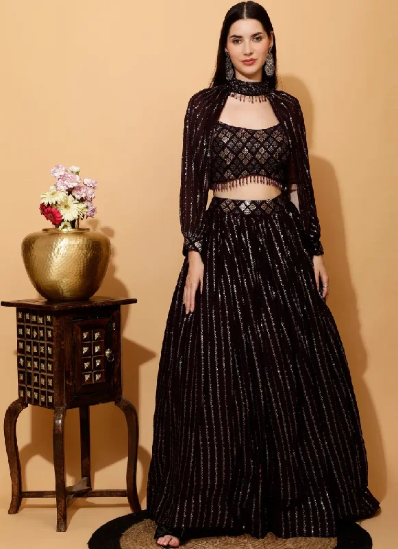 Black Sequence Work  Georgette Wine Crop Top Skirt With Choker Sleeves - Rent Collared Crop Top Boat Neck A-Line
