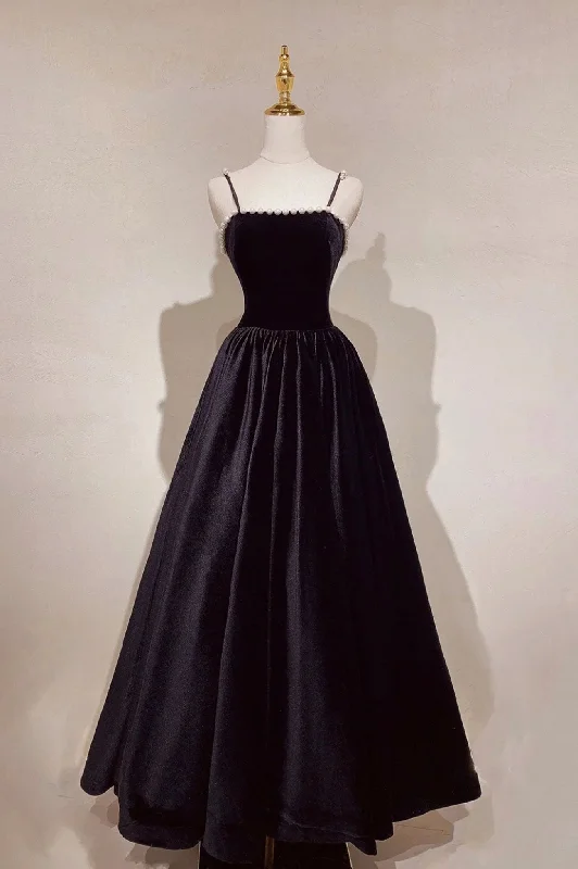 Black Velvet Pearls Long Prom Dresses, Black A-Line Evening Party Dresses Tunics Essential wardrobe