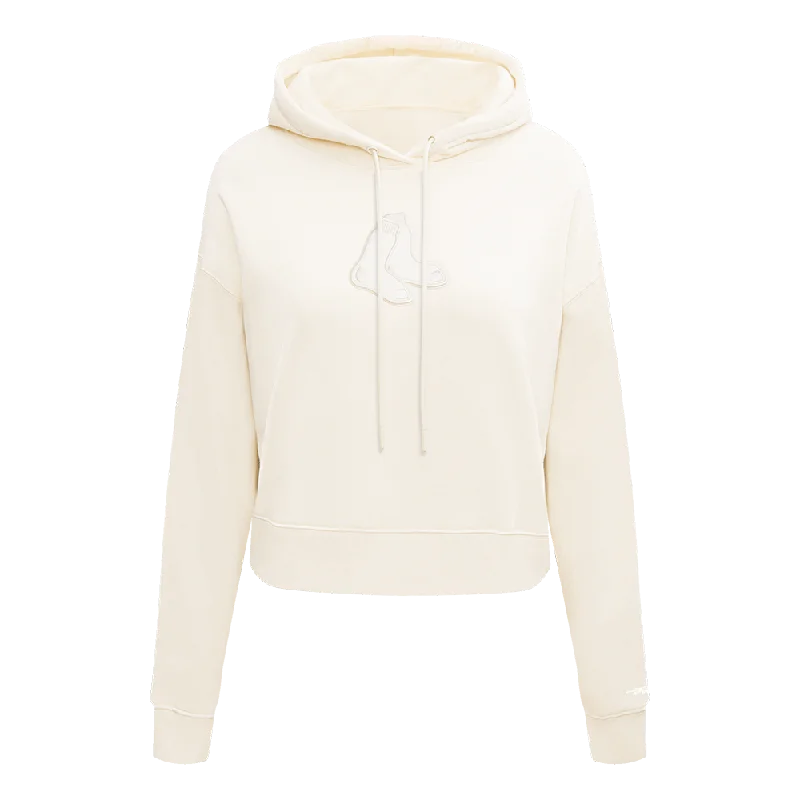 MLB BOSTON RED SOX NEUTRAL WOMEN'S CROPPED PO HOODIE (EGGSHELL) Hoodie with Puffed Sleeves Voluminous Trendy