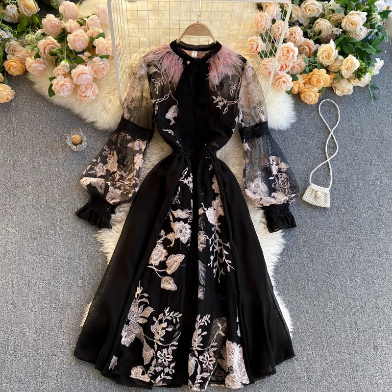 Yipinpay High Quality Elegant Party Dress Women Korean Design Long Sleeve A-line Dress 2024 Spring Mesh Embroidery Flower Dress Tunics Office stylish