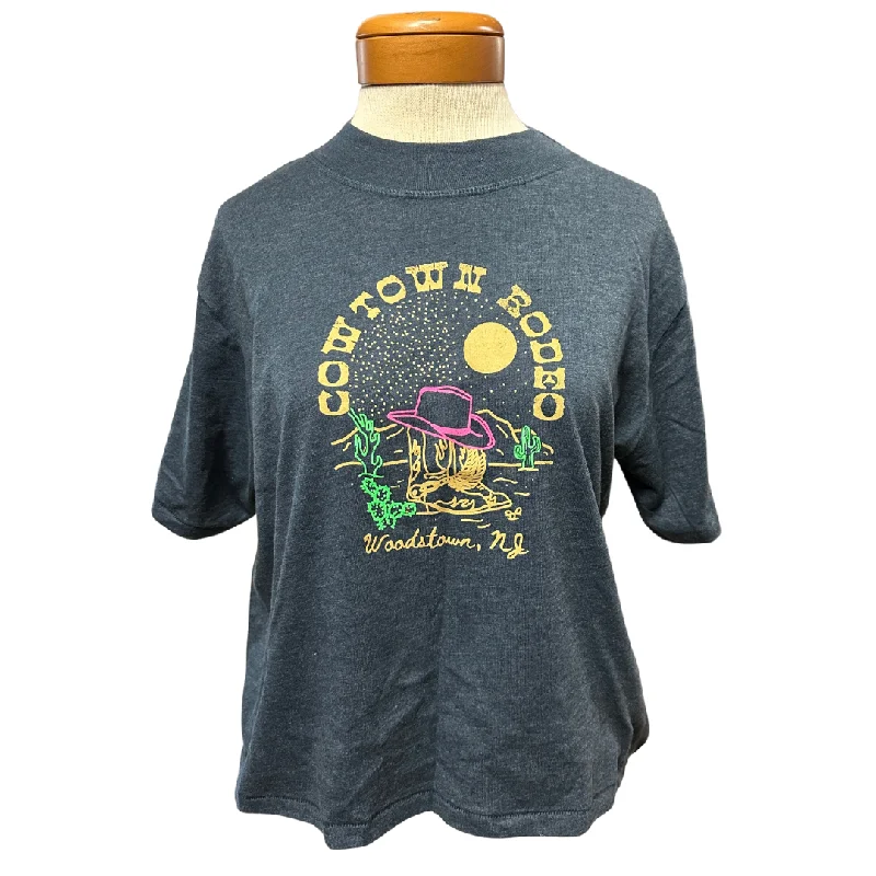 Cowtown Rodeo Denim Blue Neon Hat Cactus & Boots Boxy Crop Top T-Shirt Solid Print Embellished