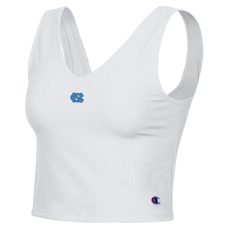 UNC Tar Heels White Ribbed V-Neck Crop Top Terry Blend Velvet Blend Canvas Blend