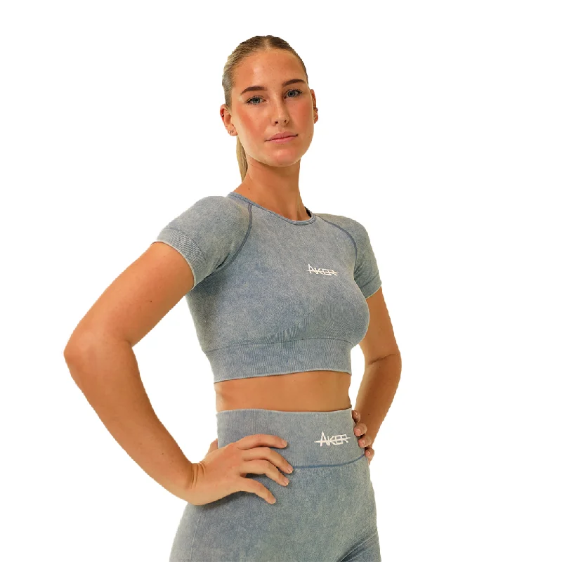 AKER Acid wash Crop Top - Sky blue Striped Floral Plaid