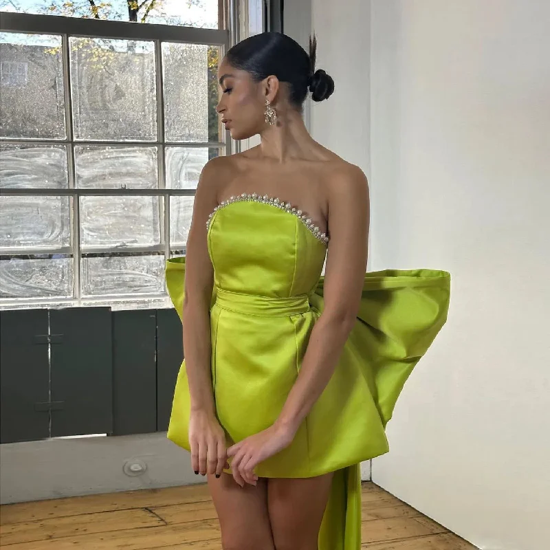 Green Pink Red Satjson Mini Party Dress with Detachable Bow Tunics Stylish modern
